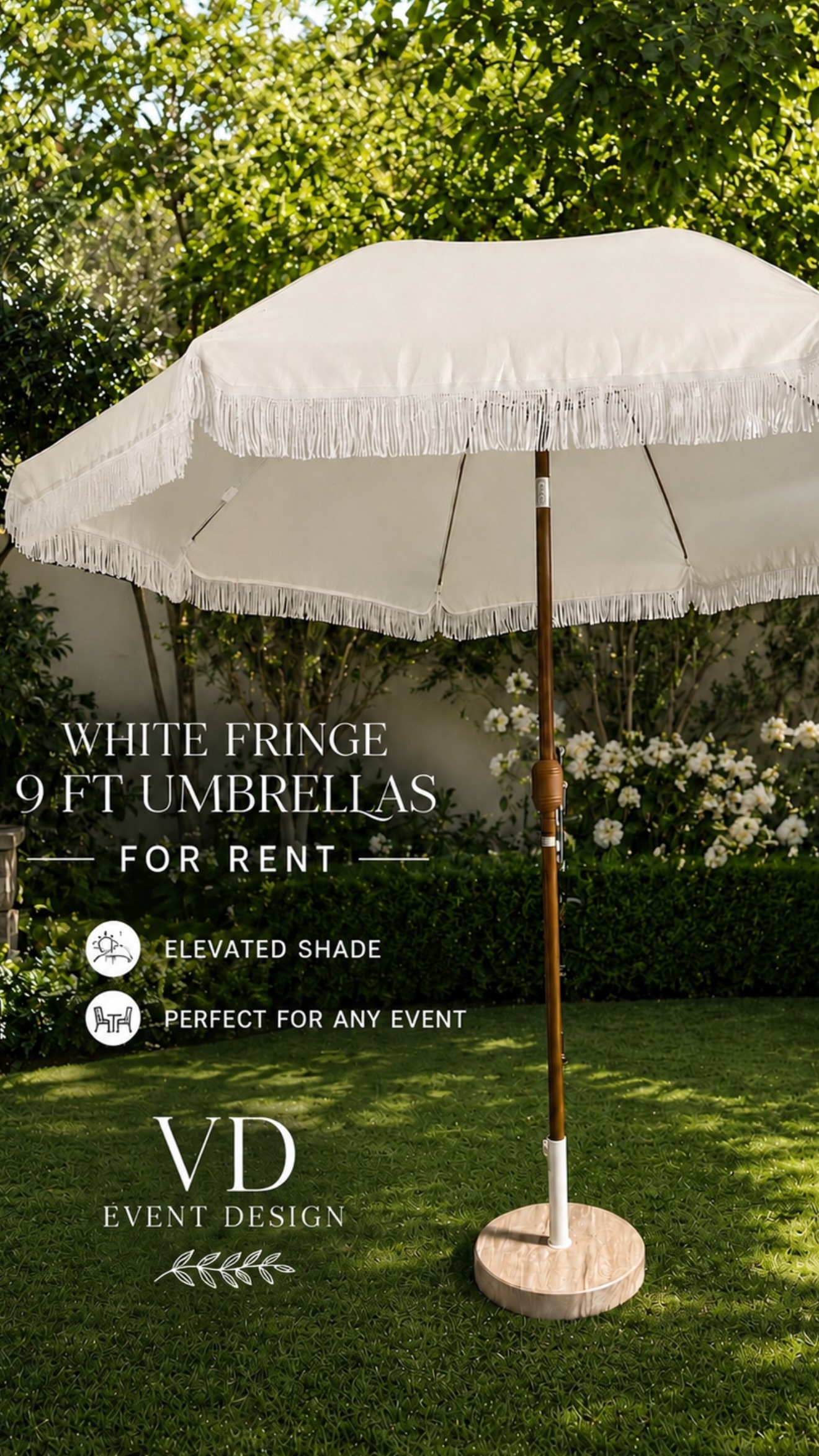 White fringe 9 ft umbrella rental in San Diego